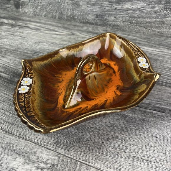 Vintage Mid Century Orange Lava Glazed Daisy Ceramic Chips and Dip Serving Bowl - Picture 3 of 8